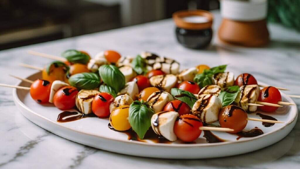 Caprese chicken salad skewers