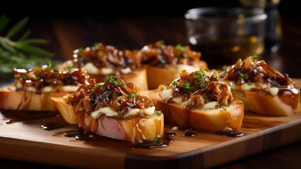 Caramelized onion and brie crostini