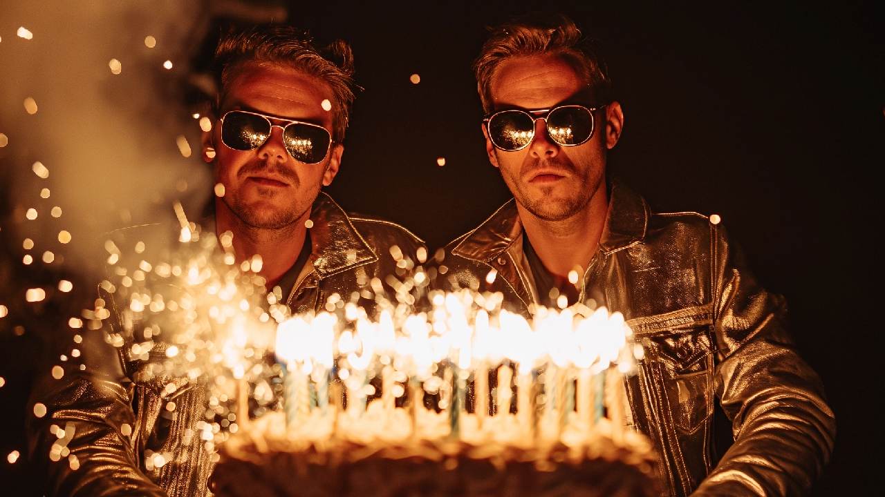 two men near birthday cake
