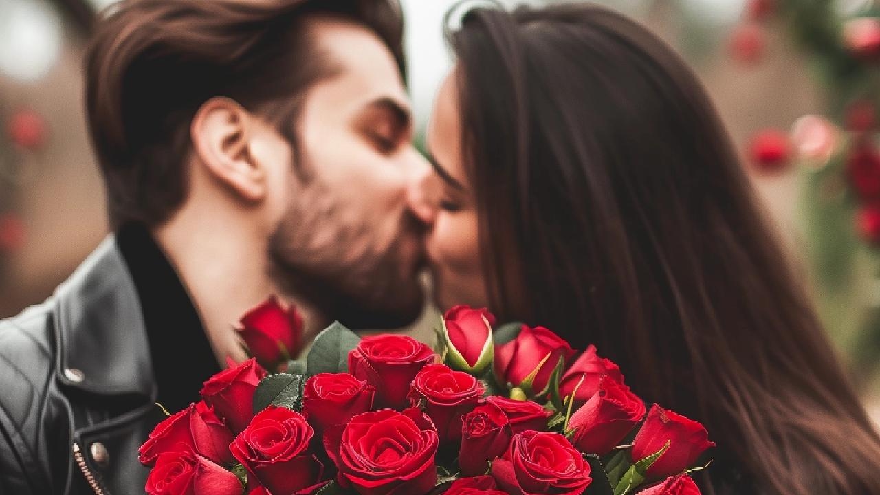 a couple kissing, flowers red roses