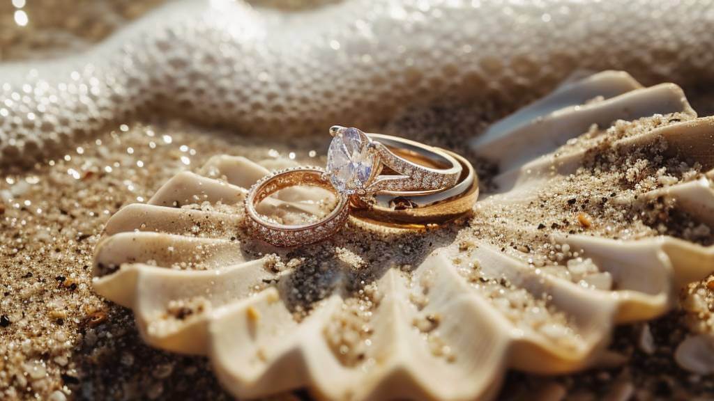 a ring in a shell on the beach