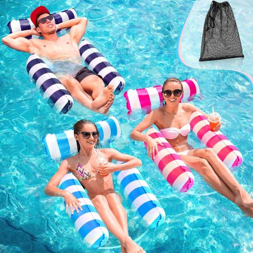 Three adults relaxing on colorful striped pool loungers