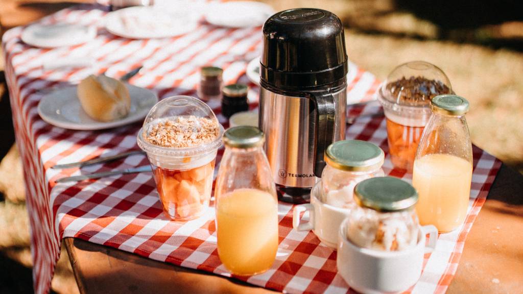 Low picnic table with coffee, juice, and breakfast setup on a red checkered tablecloth under the sunlight.