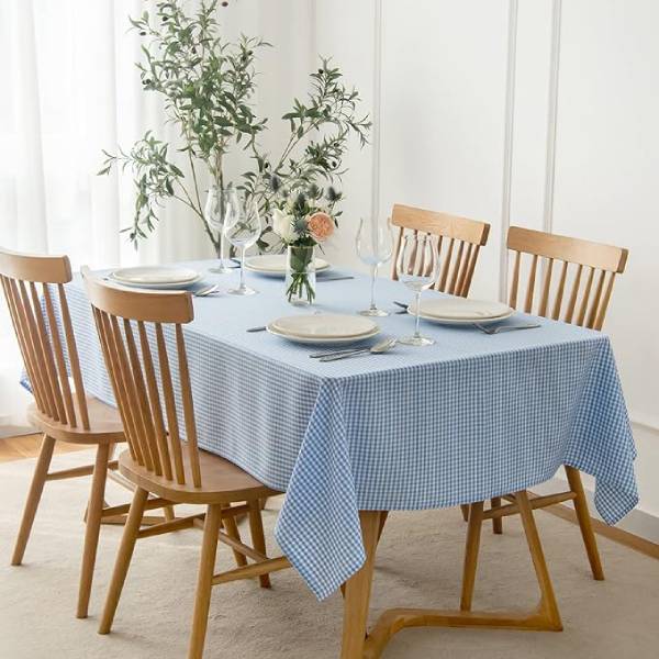 blue and white gingham tablecloth