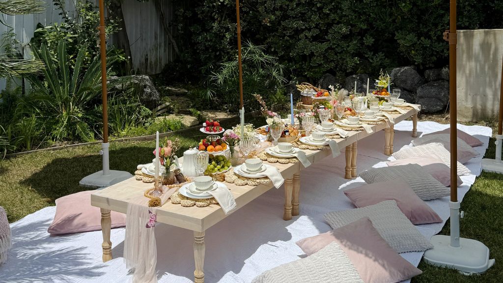 low picnic tables baby shower setup