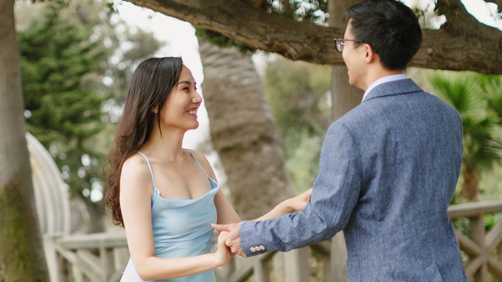 park walkway casual engagement photo