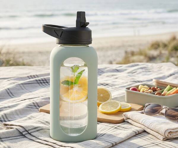 Green silicone-sleeved glass water bottle filled with lemon water on a beach picnic blanket