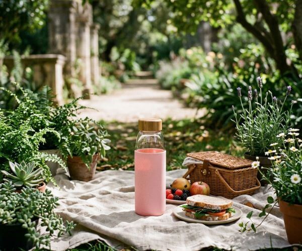 Pink glass water bottle beside a wicker basket, fruit, and snacks at a garden picnic