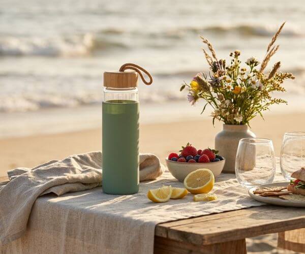 Green silicone-sleeved glass water bottle with lemons and wildflowers on a rustic beach table