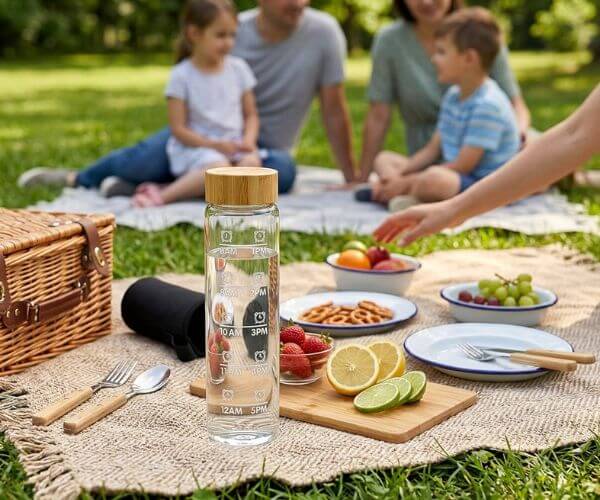 Clear glass water bottle with a bamboo lid beside fruit and snacks at a family picnic