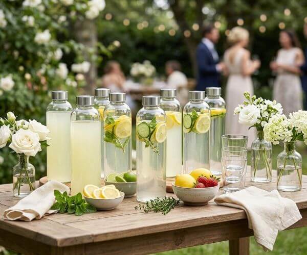 Clear glass water bottles infused with lemon, cucumber, and herbs on an outdoor refreshment table