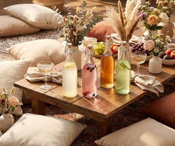 Colorful bottled drinks arranged with flowers and glassware on a wooden picnic table