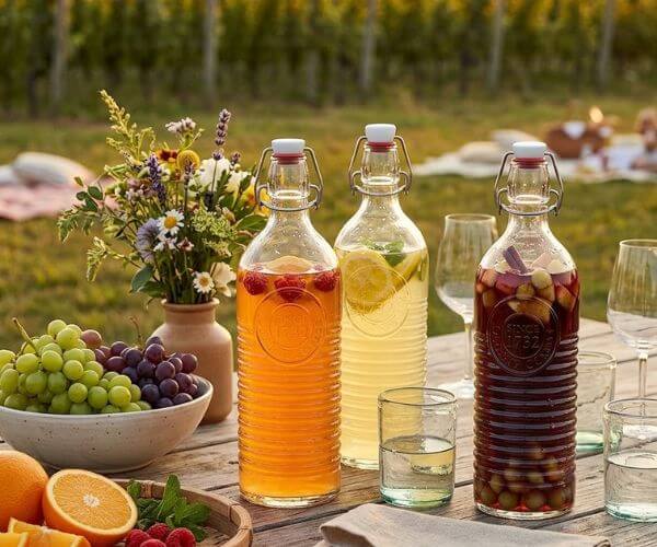 Three swing-top glass bottles filled with colorful drinks beside fruit and wildflowers