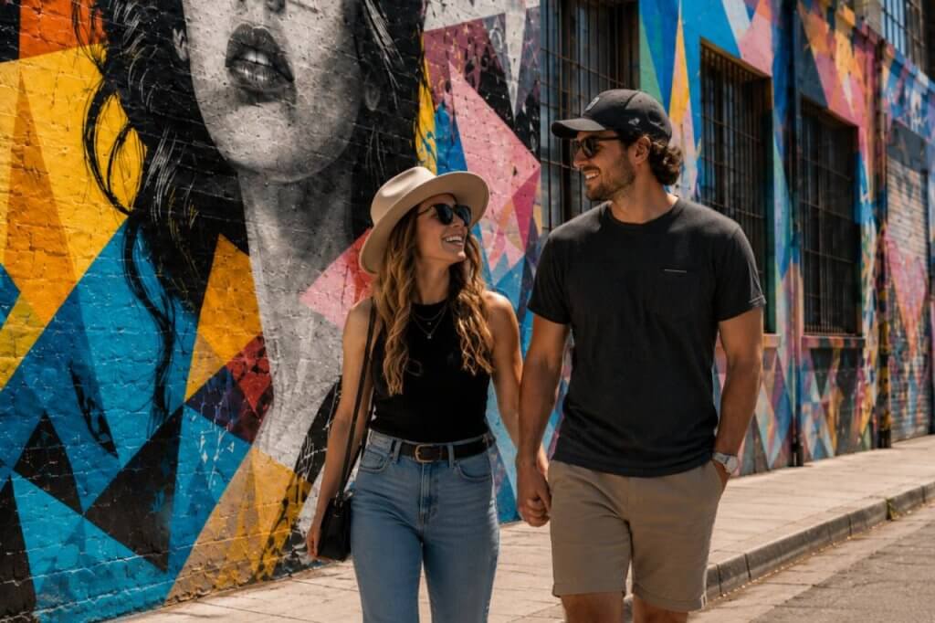 Couple standing in front of colorful street art