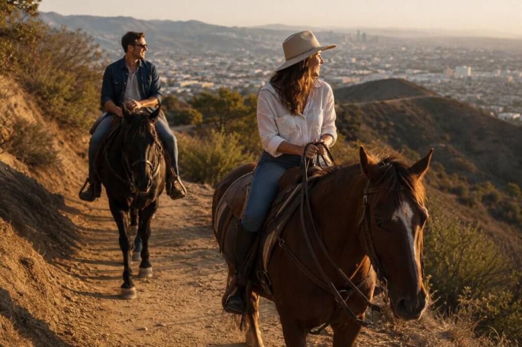 Couple horseback riding at sunset
