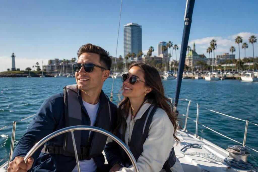 Couple sailing in Long Beach harbor