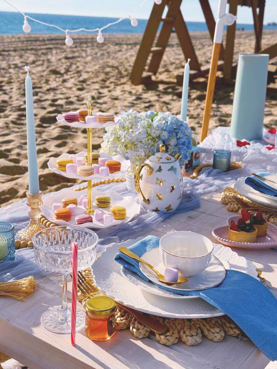 beach tea party setup in Los Angeles