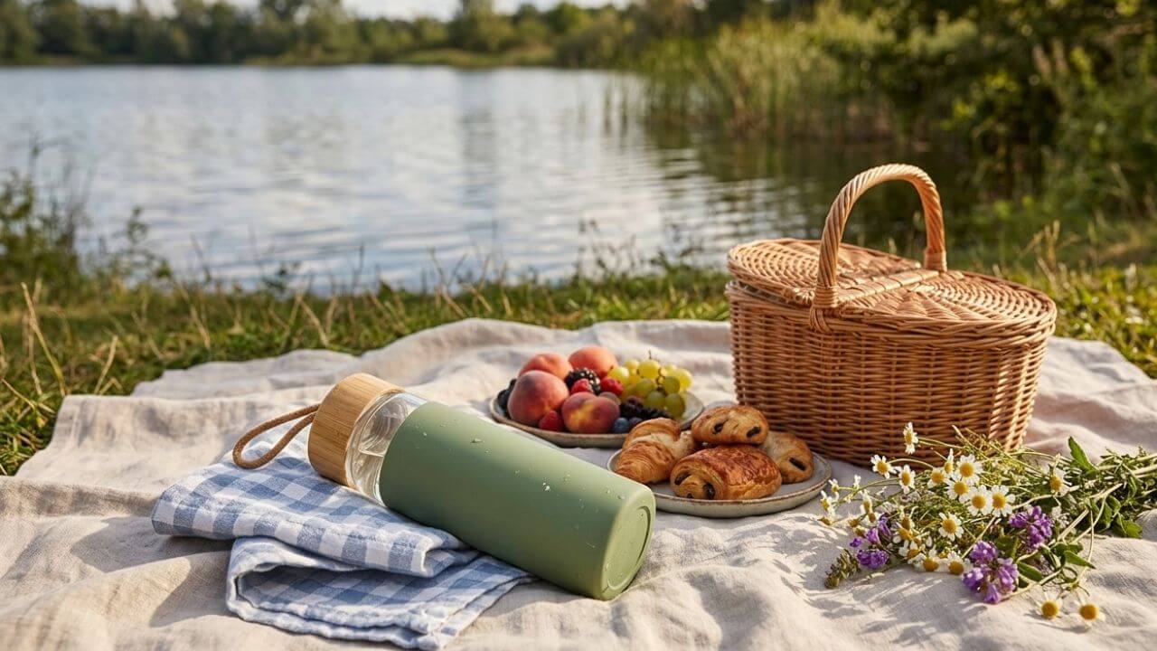 Green silicone-sleeved glass water bottle beside fruit, pastries, wildflowers, and a wicker basket at a lakeside picnic