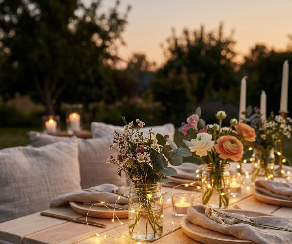 fairy lights on picnic table
