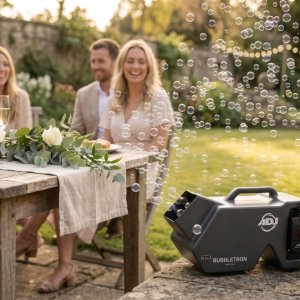 bubble machine at garden wedding