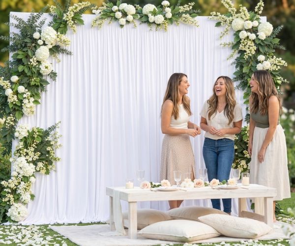 white bridal shower backdrop
