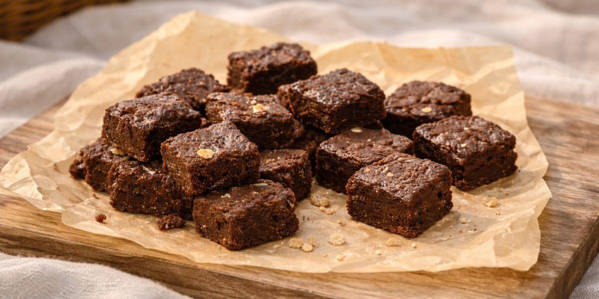 Brownie bites on parchment paper and a wooden board in a natural outdoor picnic setting.