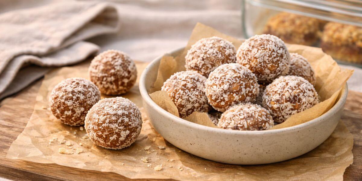Coconut date energy balls on a plate with parchment paper in a natural picnic setup outdoors.