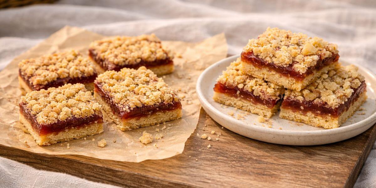 Jam crumble bars with berry filling and crumb topping styled in an outdoor picnic scene.