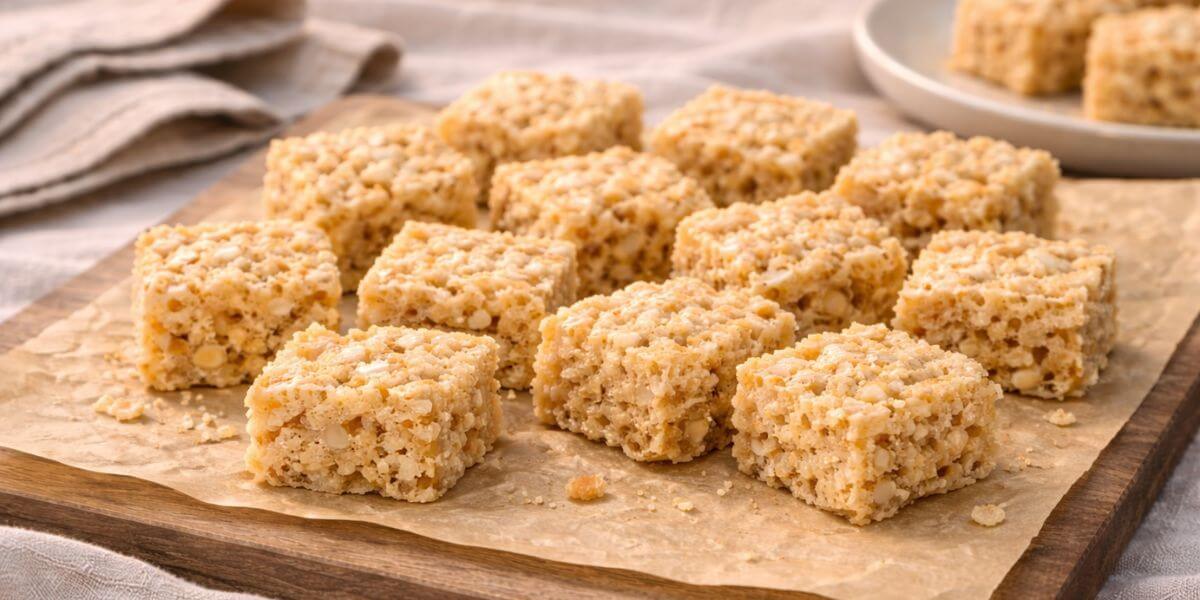 Marshmallow cereal bars cut into squares and styled in an outdoor picnic setting.
