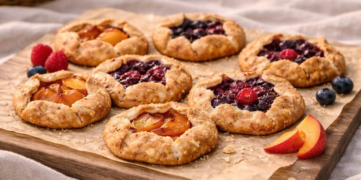 Mini fruit galettes with rustic crust and fruit filling in a natural outdoor picnic setting.