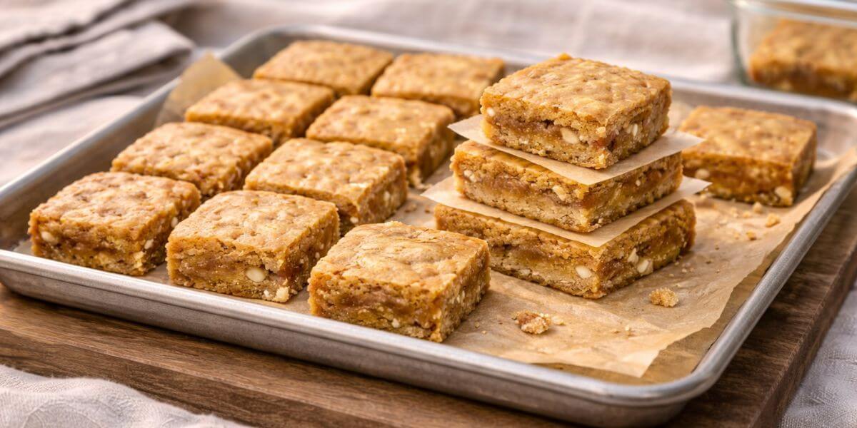 Sheet pan blondies cut into squares and arranged for serving at an outdoor picnic.