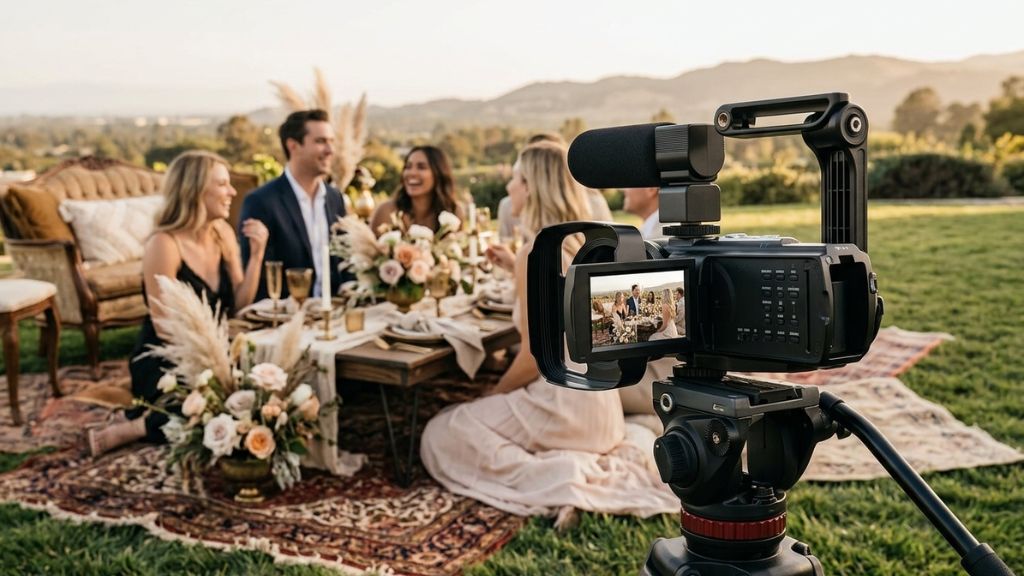 Video camera on a tripod recording friends gathered around an elegant outdoor picnic table