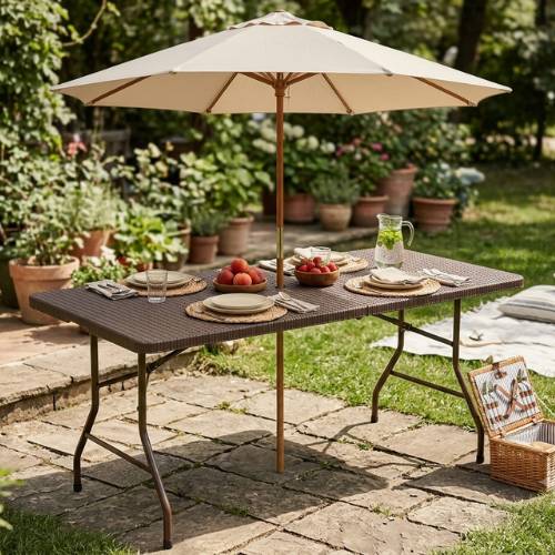 plastic picnic table with umbrella