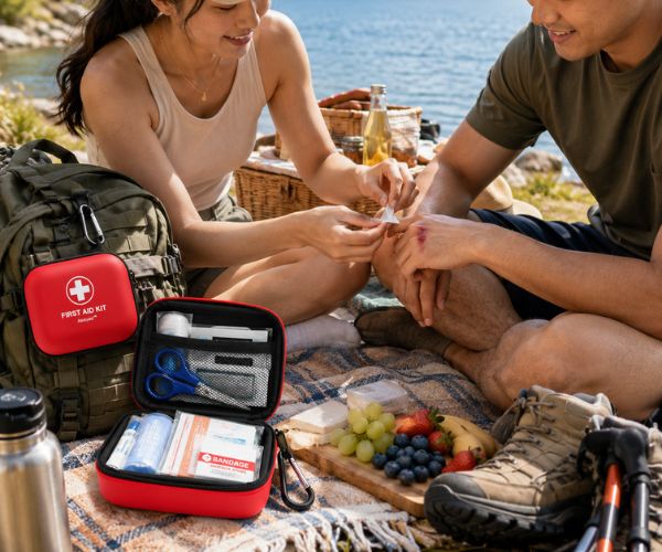 Couple using an Atickyaid mini first aid kit to treat a minor hand scrape during a lakeside hiking picnic.