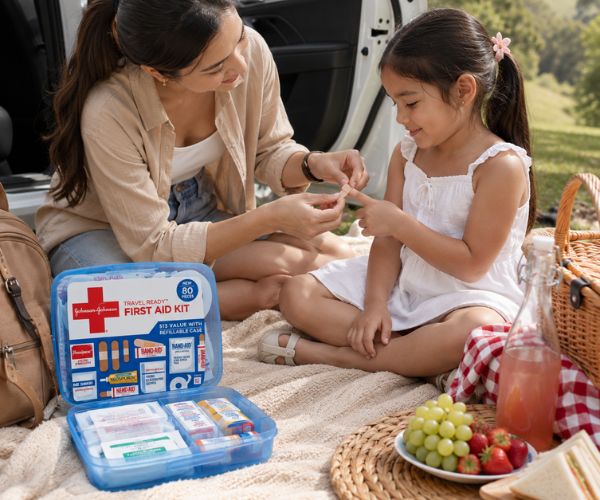 Woman bandaging a child’s finger with an open Band-Aid Travel Ready first aid kit beside a car picnic setup.