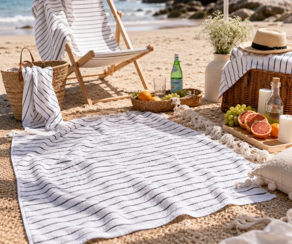 White striped luxury beach towel displayed across a styled coastal picnic with wicker baskets, fruit, and beach seating.