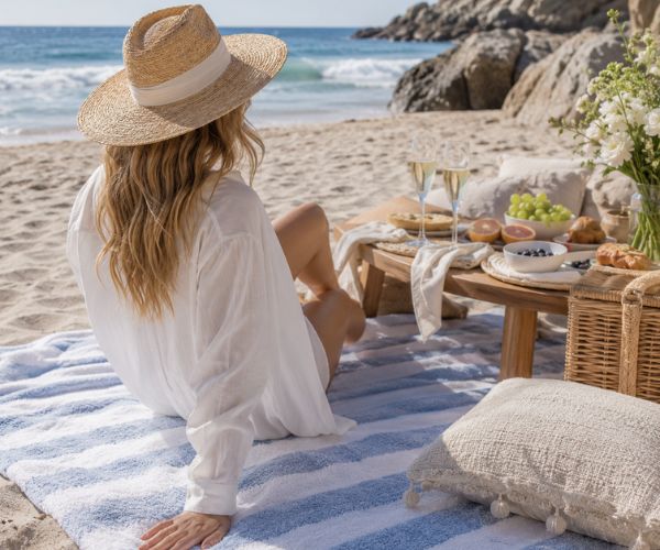 Woman relaxing on a blue-and-white striped luxury beach towel beside an elegant seaside picnic setup.