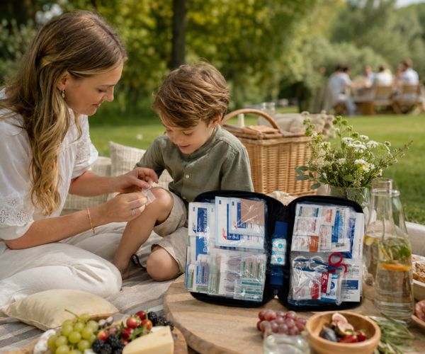 Mother treating a child’s scraped knee with an open First Aid Only emergency kit during an outdoor family picnic.