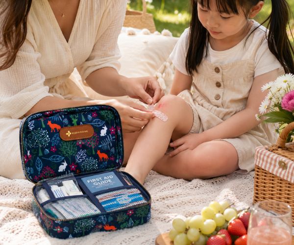 Mother caring for a child’s scraped knee with an open KeepGoing kids’ first aid kit during a family picnic.