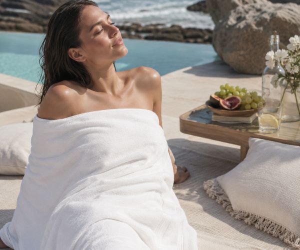 Woman wrapped in a plush white luxury towel while relaxing beside a sunlit pool overlooking the ocean.