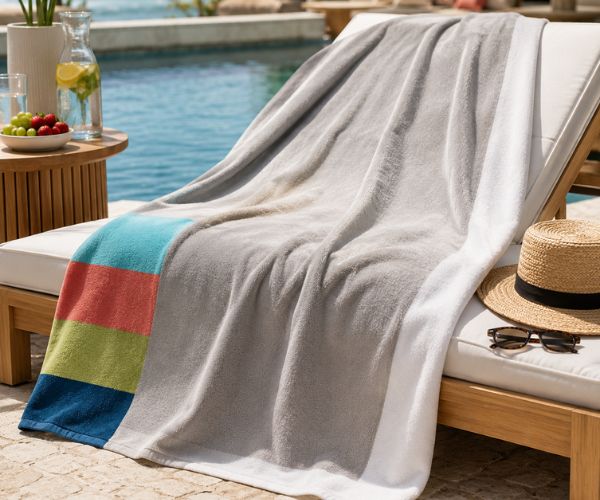 Gray and white color-blocked luxury beach towel draped over a poolside lounge chair at an upscale coastal resort.