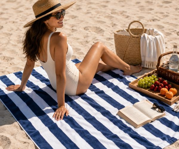 Woman lounging on an oversized navy-and-white striped beach towel beside fruit, a book, and picnic baskets.