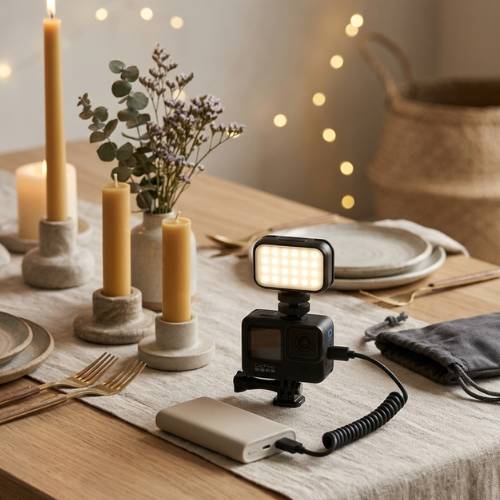 action camera flashlight on picnic table