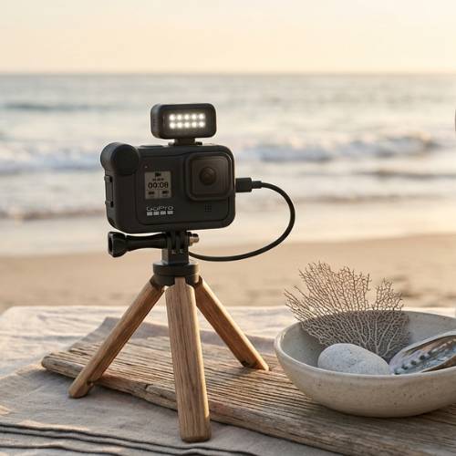 action camera light on beach tripod