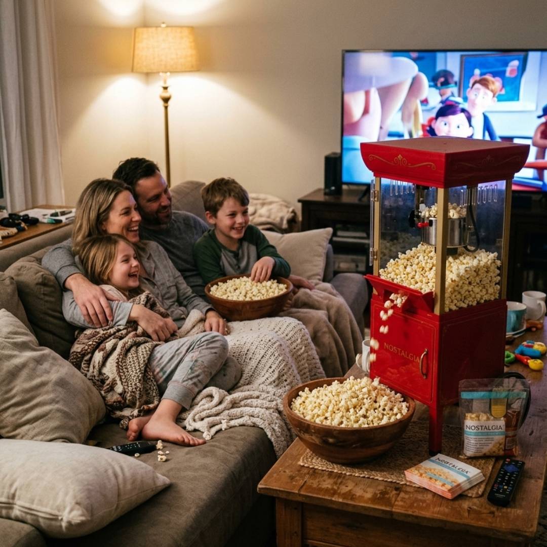 family movie night with popcorn machine