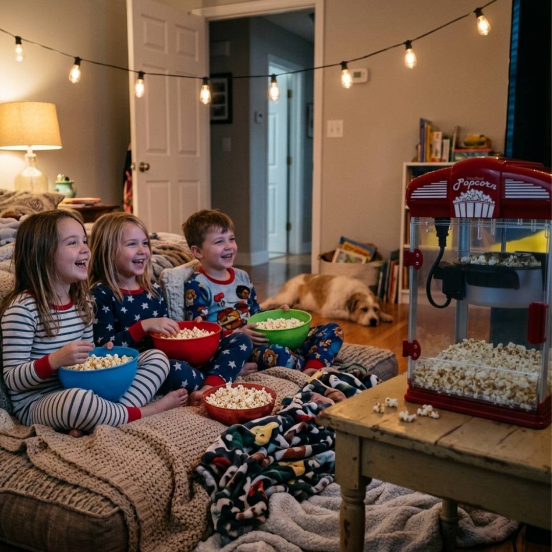 kids movie night with popcorn machine