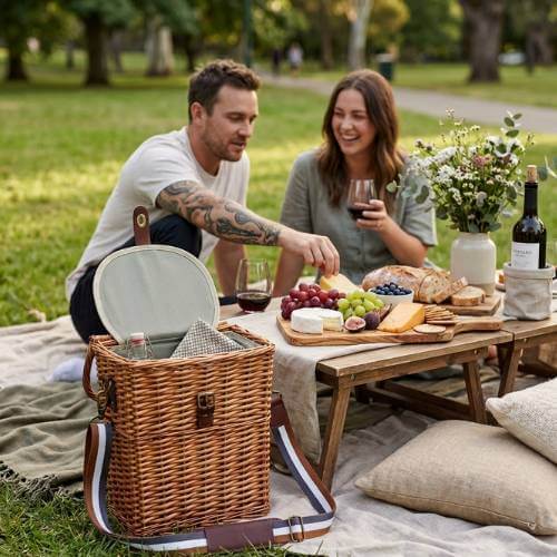 wine picnic basket in park