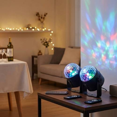 Apeocose party lights displayed in a modern home party setup with soft colorful wall reflections.