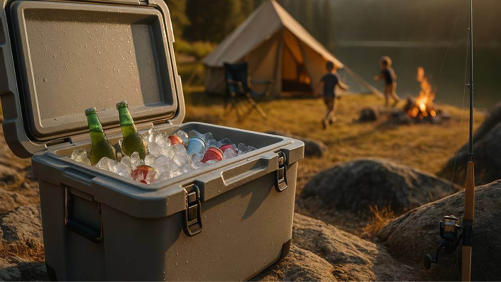 150 qt cooler at a family campsite near an alpine lake during golden hour