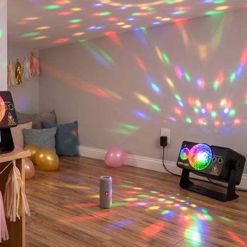 Two disco ball party lights set up in a home dance corner with colorful lighting patterns.